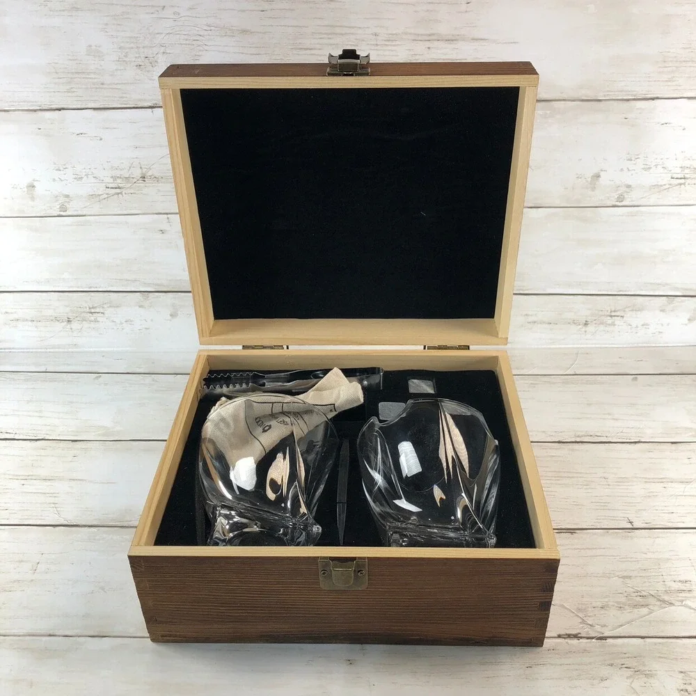 Whiskey and Cigar Gift Set Wood Box 2 Twisted Glasses Chilling Stones‎ Unused
